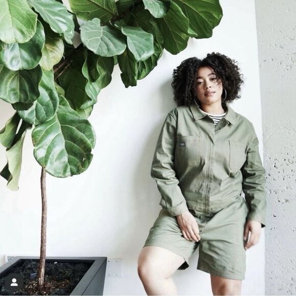 Wildfang Olive Green Essential Long Sleeve Utility Romper Jumpsuit Shorts Size L - Picture 1 of 6